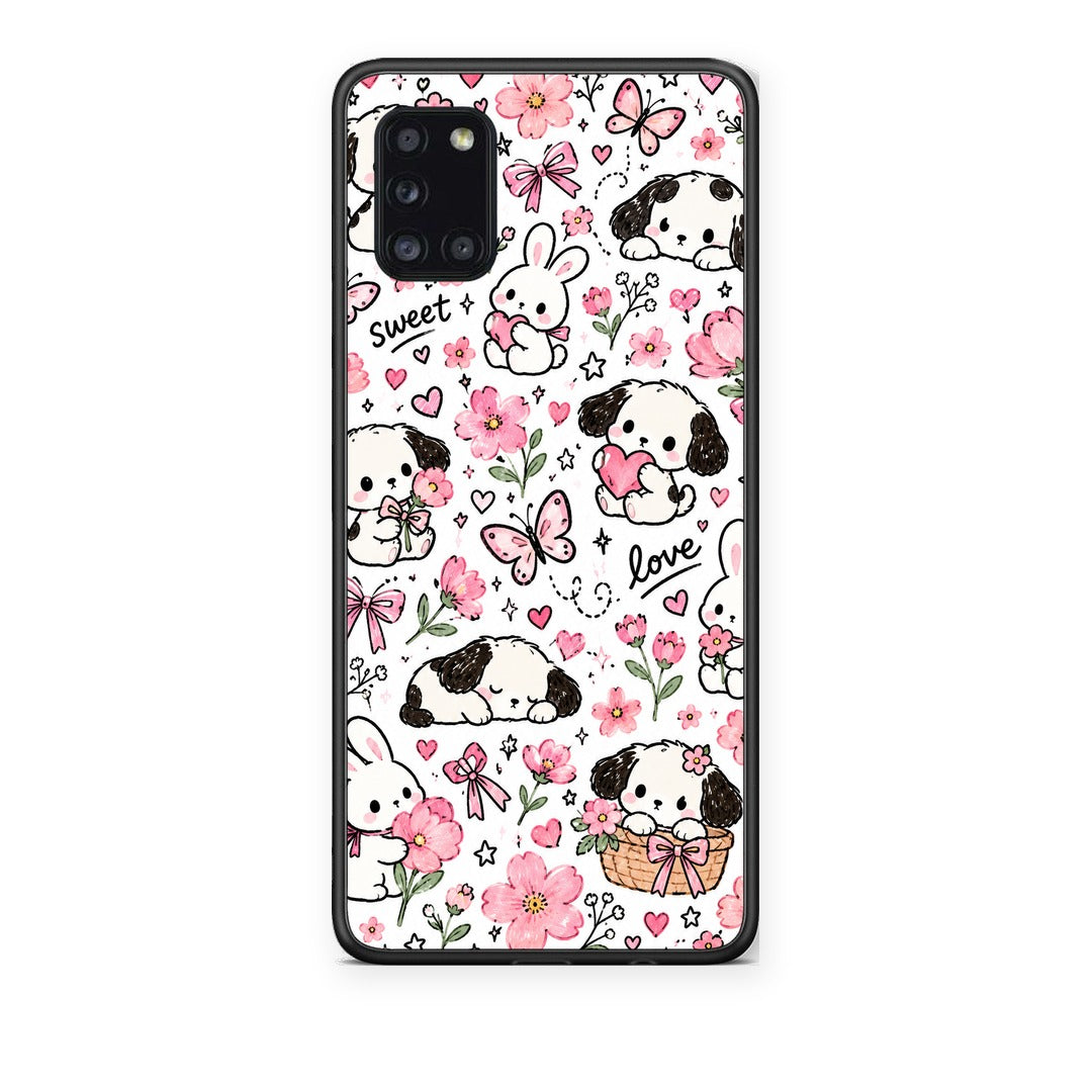Θήκη Samsung Galaxy A31 Pink Florals Puppies and Bunnies on White από τη Smartfits με σχέδιο στο πίσω μέρος και μαύρο περίβλημα | Samsung Galaxy A31 Pink Florals Puppies and Bunnies on White case with colorful back and black bezels