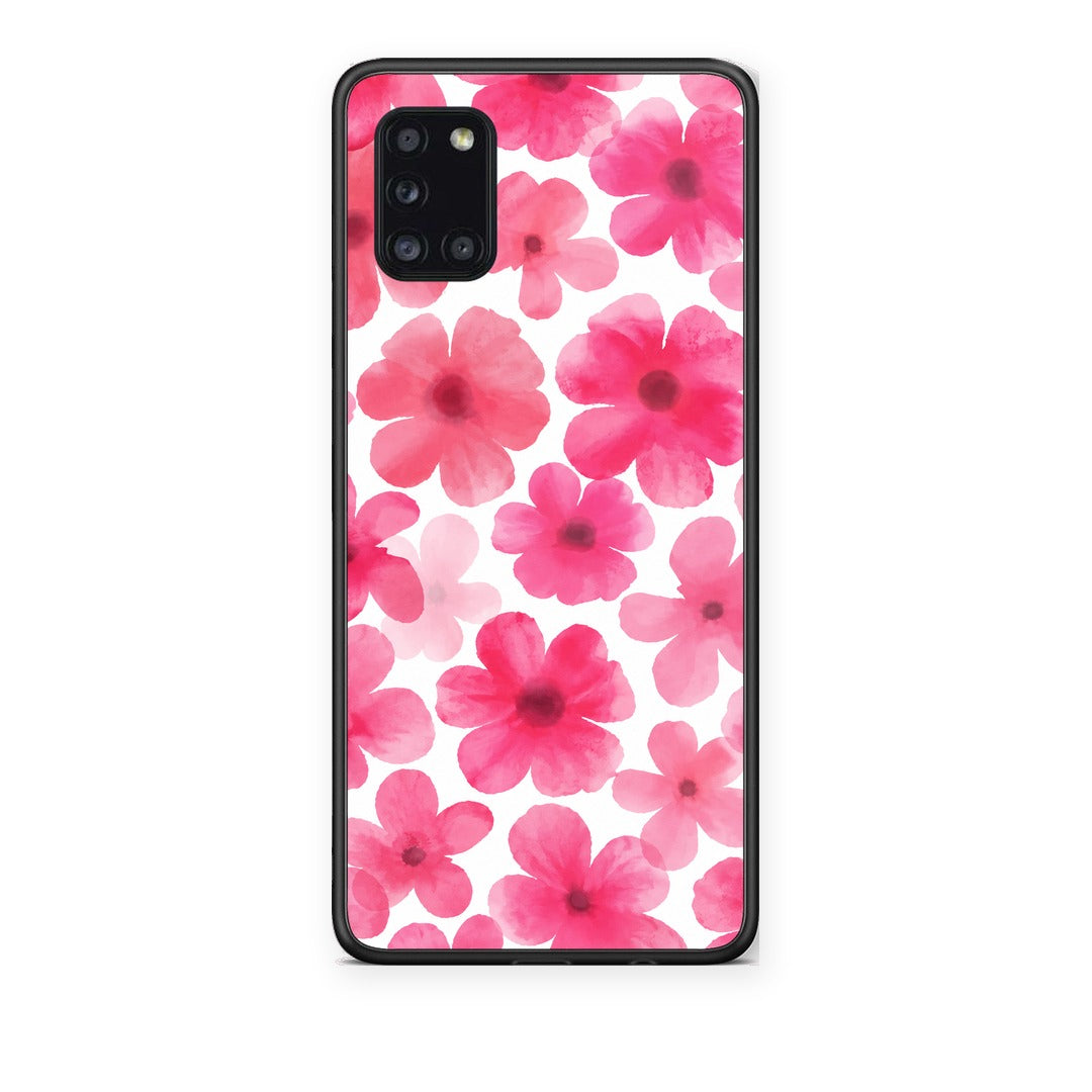 Θήκη Samsung Galaxy A31 Pink Watercolour Flowers on White από τη Smartfits με σχέδιο στο πίσω μέρος και μαύρο περίβλημα | Samsung Galaxy A31 Pink Watercolour Flowers on White case with colorful back and black bezels