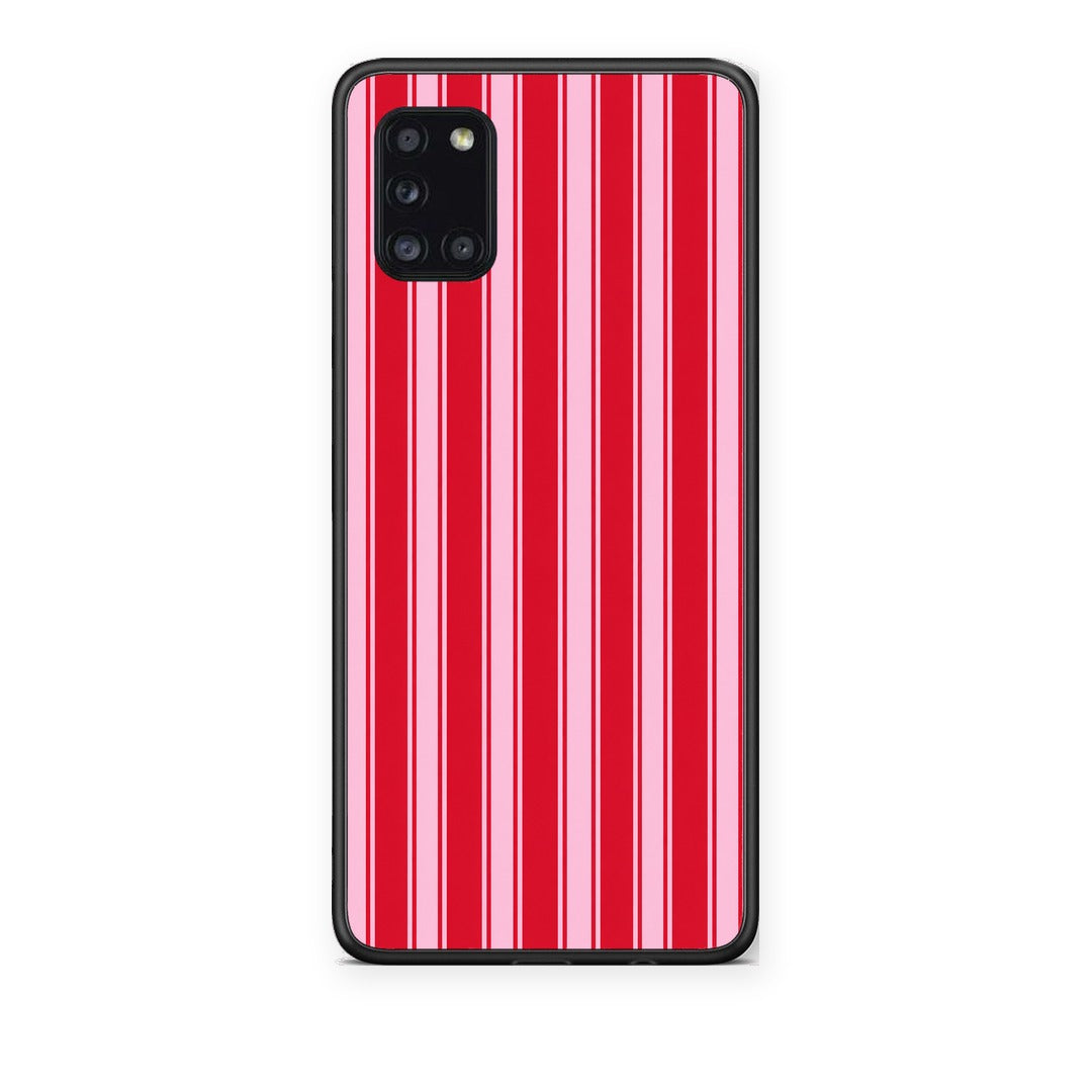 Θήκη Samsung Galaxy A31 Red and Pink Vertical Pinstripes από τη Smartfits με σχέδιο στο πίσω μέρος και μαύρο περίβλημα | Samsung Galaxy A31 Red and Pink Vertical Pinstripes case with colorful back and black bezels
