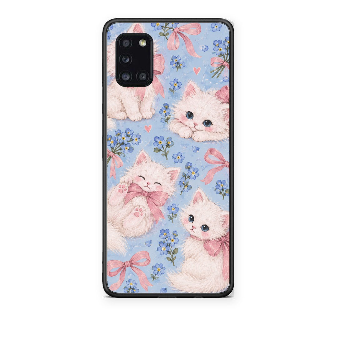 Θήκη Samsung Galaxy A31 White Kittens and Blue Flowers Large από τη Smartfits με σχέδιο στο πίσω μέρος και μαύρο περίβλημα | Samsung Galaxy A31 White Kittens and Blue Flowers Large case with colorful back and black bezels
