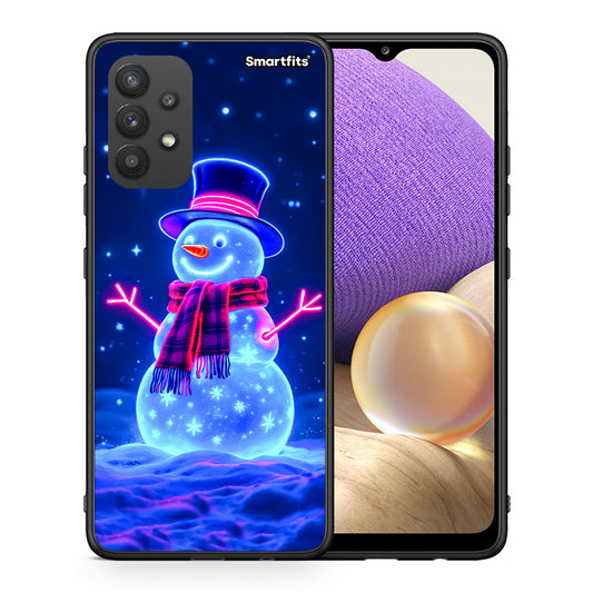 Θήκη Samsung A32 4G Christmas Neon Snowman από τη Smartfits με σχέδιο στο πίσω μέρος και μαύρο περίβλημα | Samsung A32 4G Christmas Neon Snowman case with colorful back and black bezels
