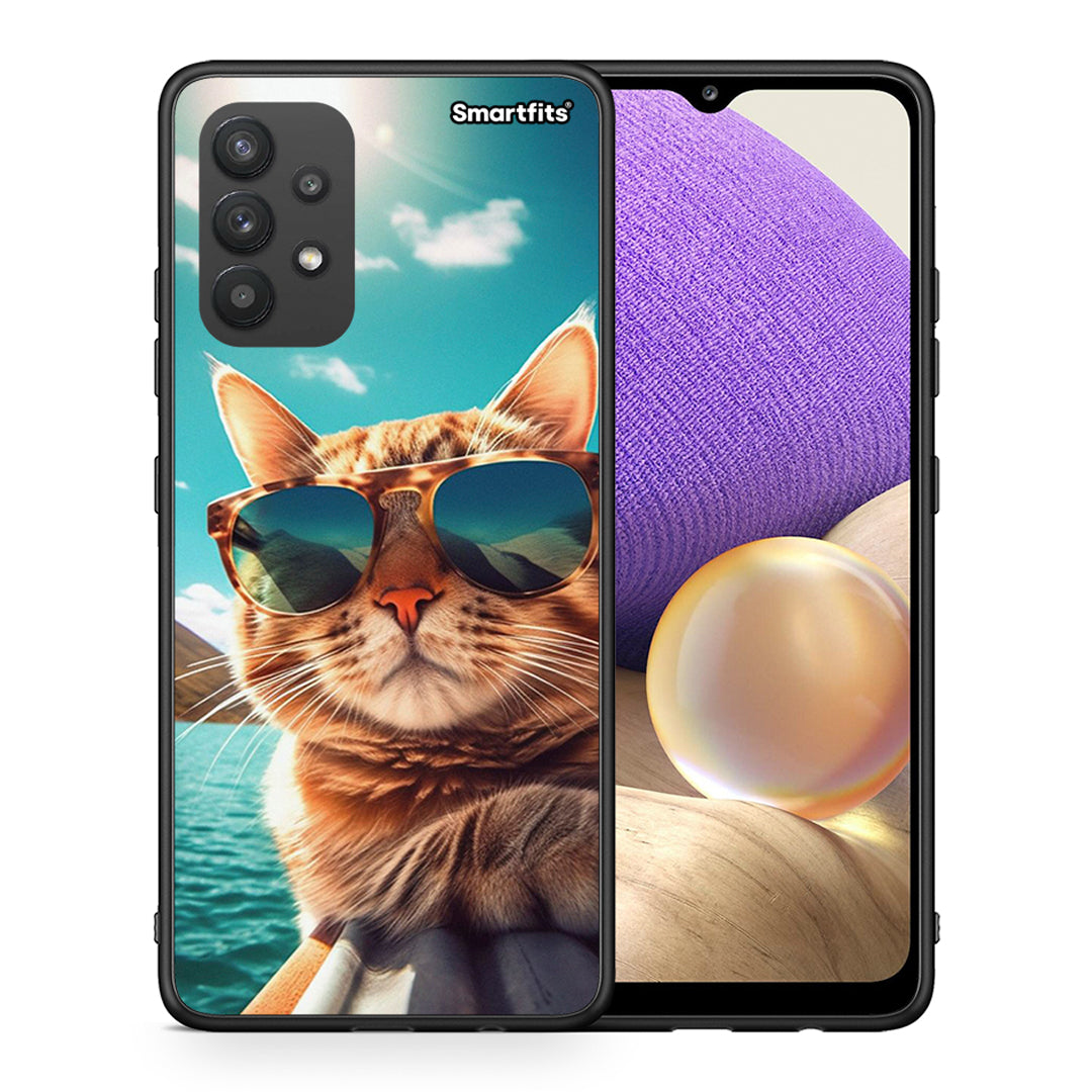 Θήκη Samsung A32 4G Summer Cat από τη Smartfits με σχέδιο στο πίσω μέρος και μαύρο περίβλημα | Samsung A32 4G Summer Cat case with colorful back and black bezels