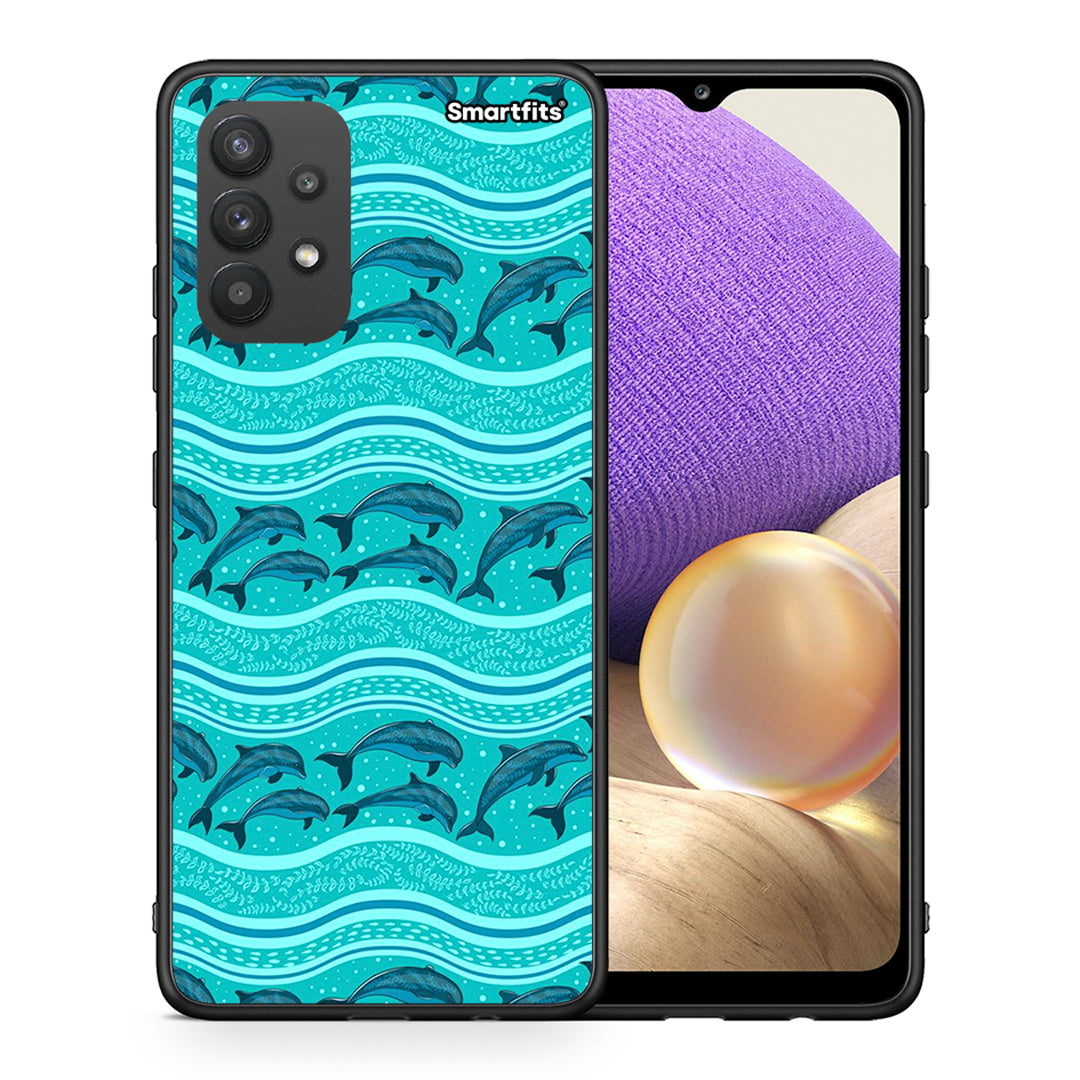 Θήκη Samsung A32 4G Swimming Dolphins από τη Smartfits με σχέδιο στο πίσω μέρος και μαύρο περίβλημα | Samsung A32 4G Swimming Dolphins case with colorful back and black bezels