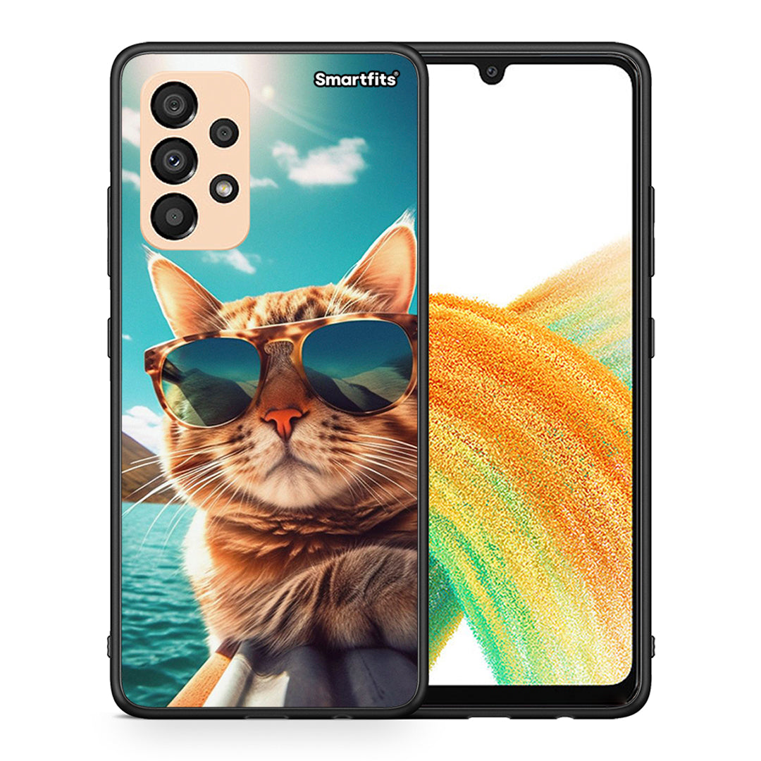 Θήκη Samsung A33 5G Summer Cat από τη Smartfits με σχέδιο στο πίσω μέρος και μαύρο περίβλημα | Samsung A33 5G Summer Cat case with colorful back and black bezels