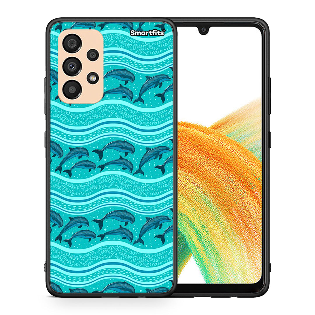 Θήκη Samsung A33 5G Swimming Dolphins από τη Smartfits με σχέδιο στο πίσω μέρος και μαύρο περίβλημα | Samsung A33 5G Swimming Dolphins case with colorful back and black bezels