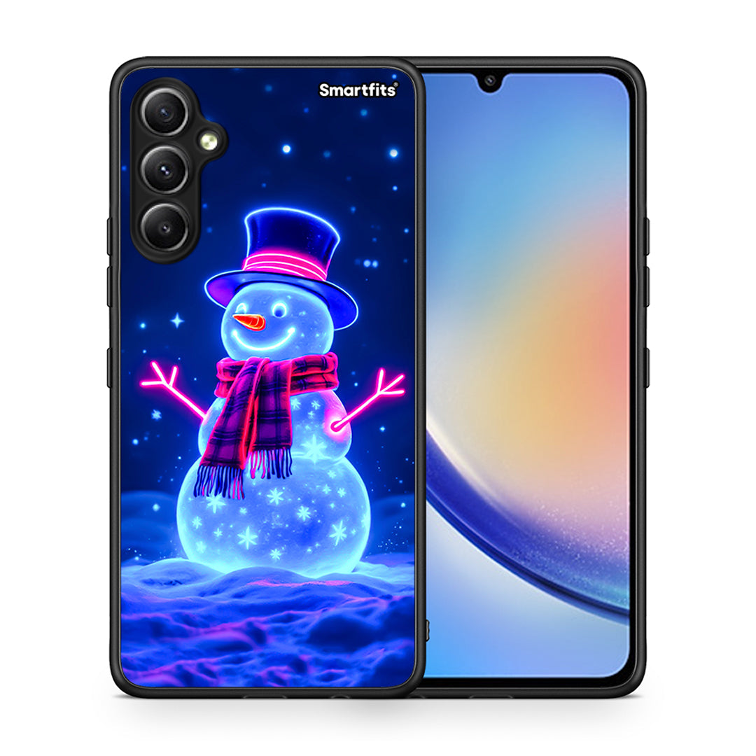 Θήκη Samsung Galaxy A34 Christmas Neon Snowman από τη Smartfits με σχέδιο στο πίσω μέρος και μαύρο περίβλημα | Samsung Galaxy A34 Christmas Neon Snowman Case with Colorful Back and Black Bezels