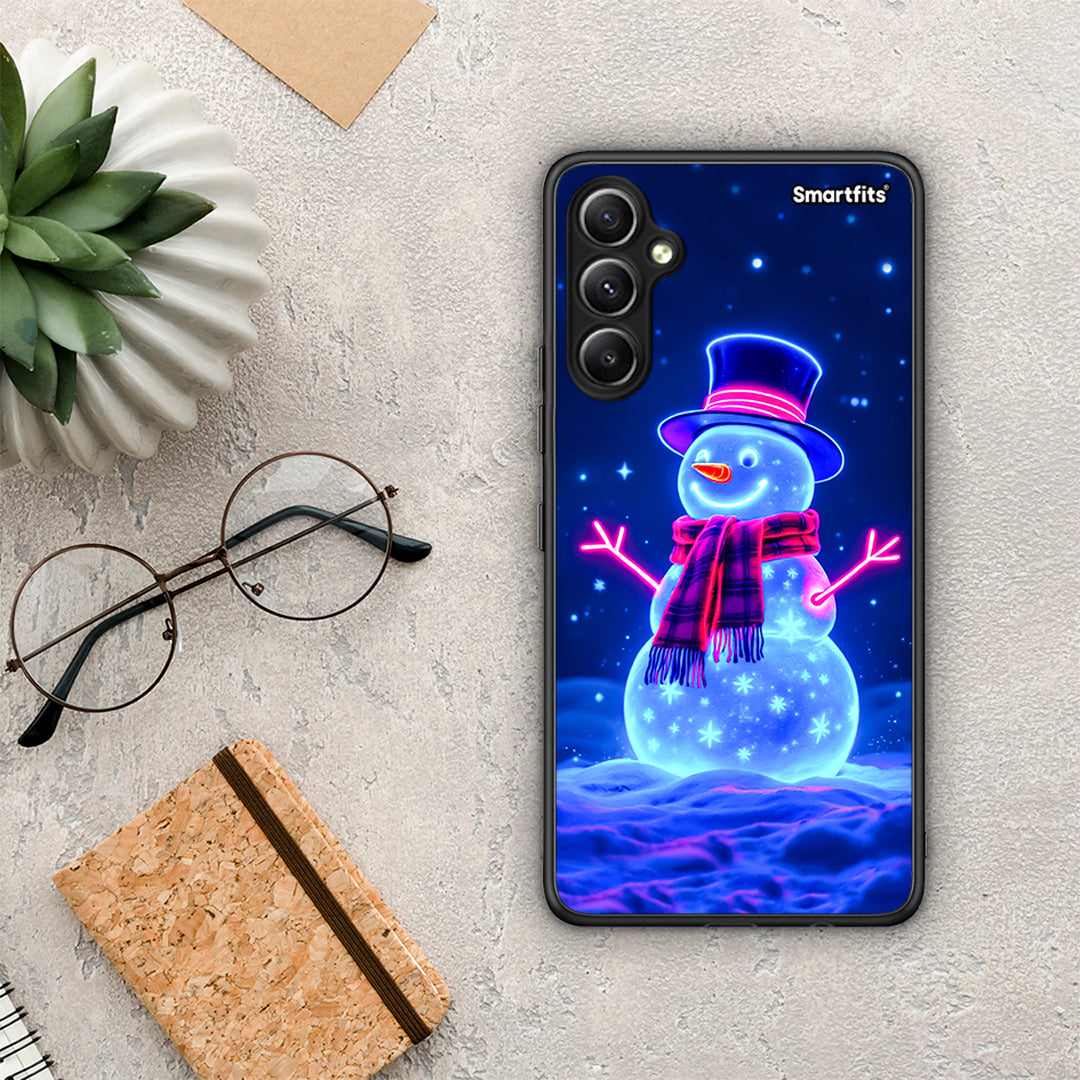 Θήκη Samsung Galaxy A34 Christmas Neon Snowman από τη Smartfits με σχέδιο στο πίσω μέρος και μαύρο περίβλημα | Samsung Galaxy A34 Christmas Neon Snowman Case with Colorful Back and Black Bezels