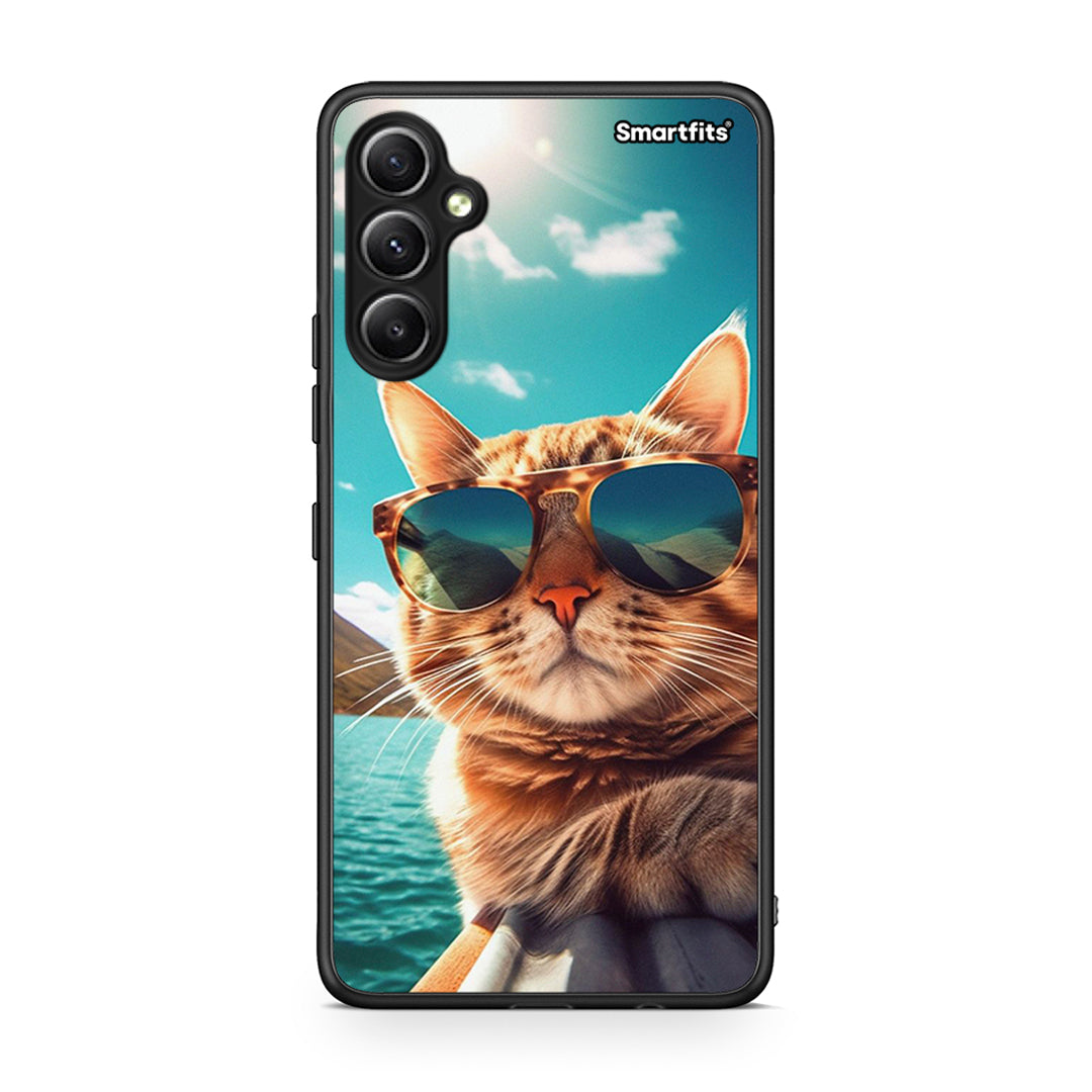 Θήκη Samsung Galaxy A34 Summer Cat από τη Smartfits με σχέδιο στο πίσω μέρος και μαύρο περίβλημα | Samsung Galaxy A34 Summer Cat Case with Colorful Back and Black Bezels