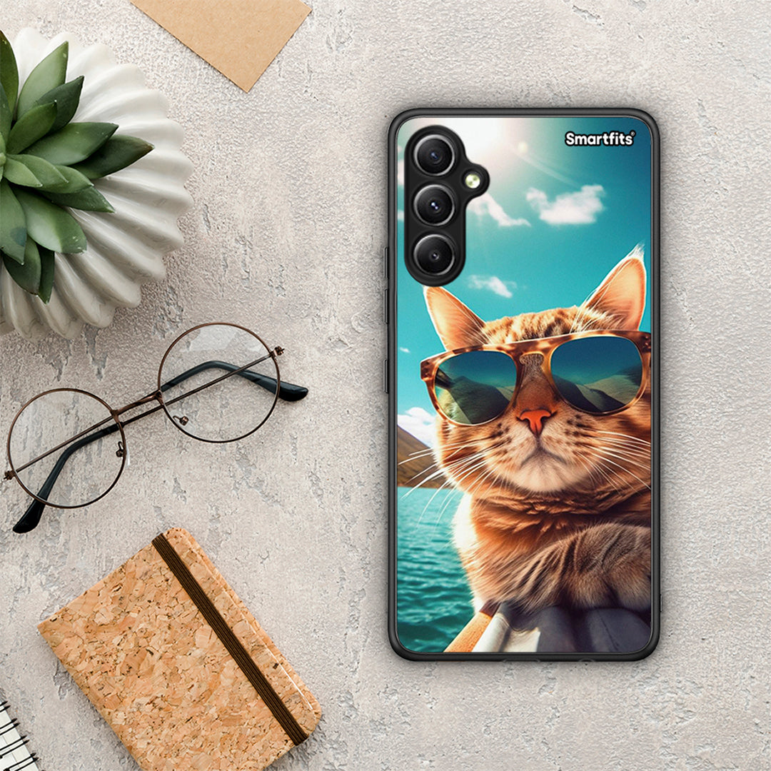 Θήκη Samsung Galaxy A34 Summer Cat από τη Smartfits με σχέδιο στο πίσω μέρος και μαύρο περίβλημα | Samsung Galaxy A34 Summer Cat Case with Colorful Back and Black Bezels