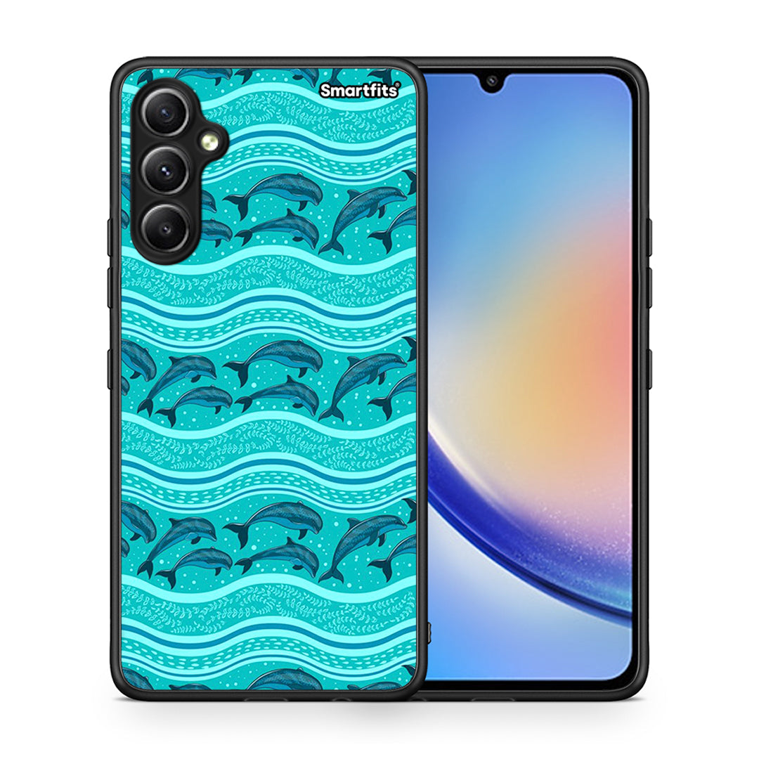 Θήκη Samsung Galaxy A34 Swimming Dolphins από τη Smartfits με σχέδιο στο πίσω μέρος και μαύρο περίβλημα | Samsung Galaxy A34 Swimming Dolphins Case with Colorful Back and Black Bezels