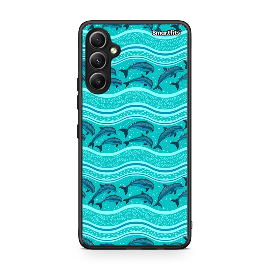 Θήκη Samsung Galaxy A34 Swimming Dolphins από τη Smartfits με σχέδιο στο πίσω μέρος και μαύρο περίβλημα | Samsung Galaxy A34 Swimming Dolphins Case with Colorful Back and Black Bezels