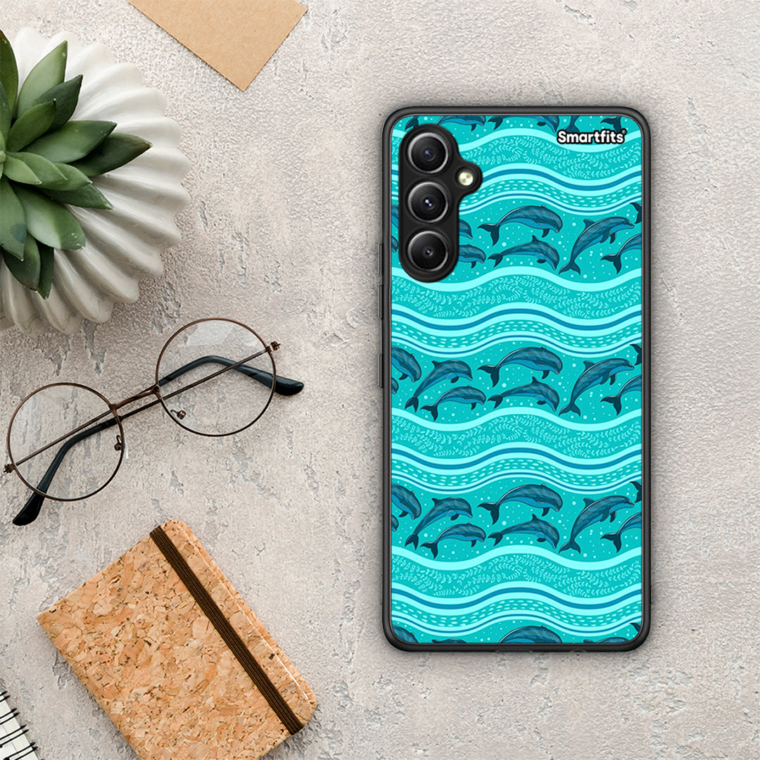 Θήκη Samsung Galaxy A34 Swimming Dolphins από τη Smartfits με σχέδιο στο πίσω μέρος και μαύρο περίβλημα | Samsung Galaxy A34 Swimming Dolphins Case with Colorful Back and Black Bezels