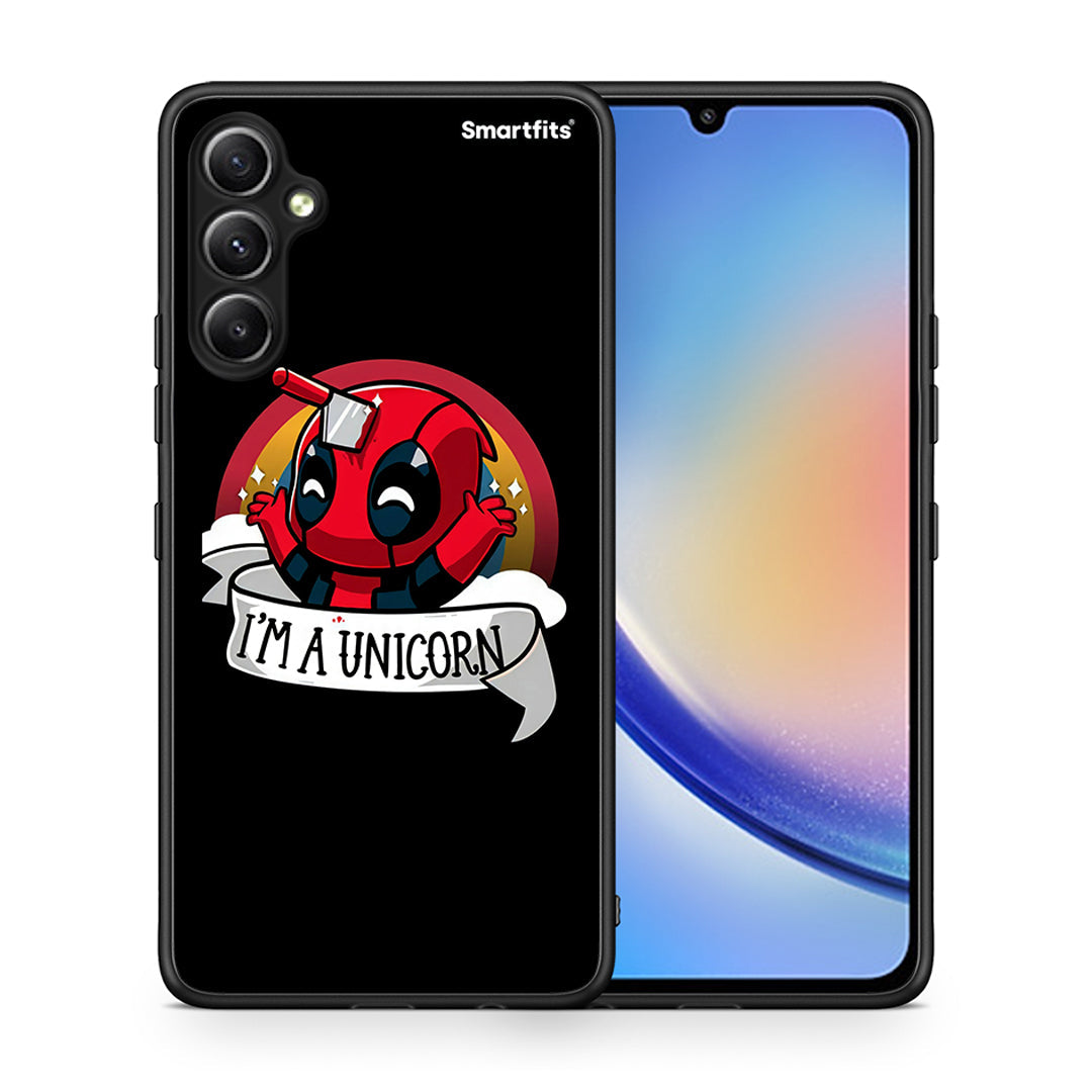 Θήκη Samsung Galaxy A34 Unicorn Deadpool από τη Smartfits με σχέδιο στο πίσω μέρος και μαύρο περίβλημα | Samsung Galaxy A34 Unicorn Deadpool Case with Colorful Back and Black Bezels