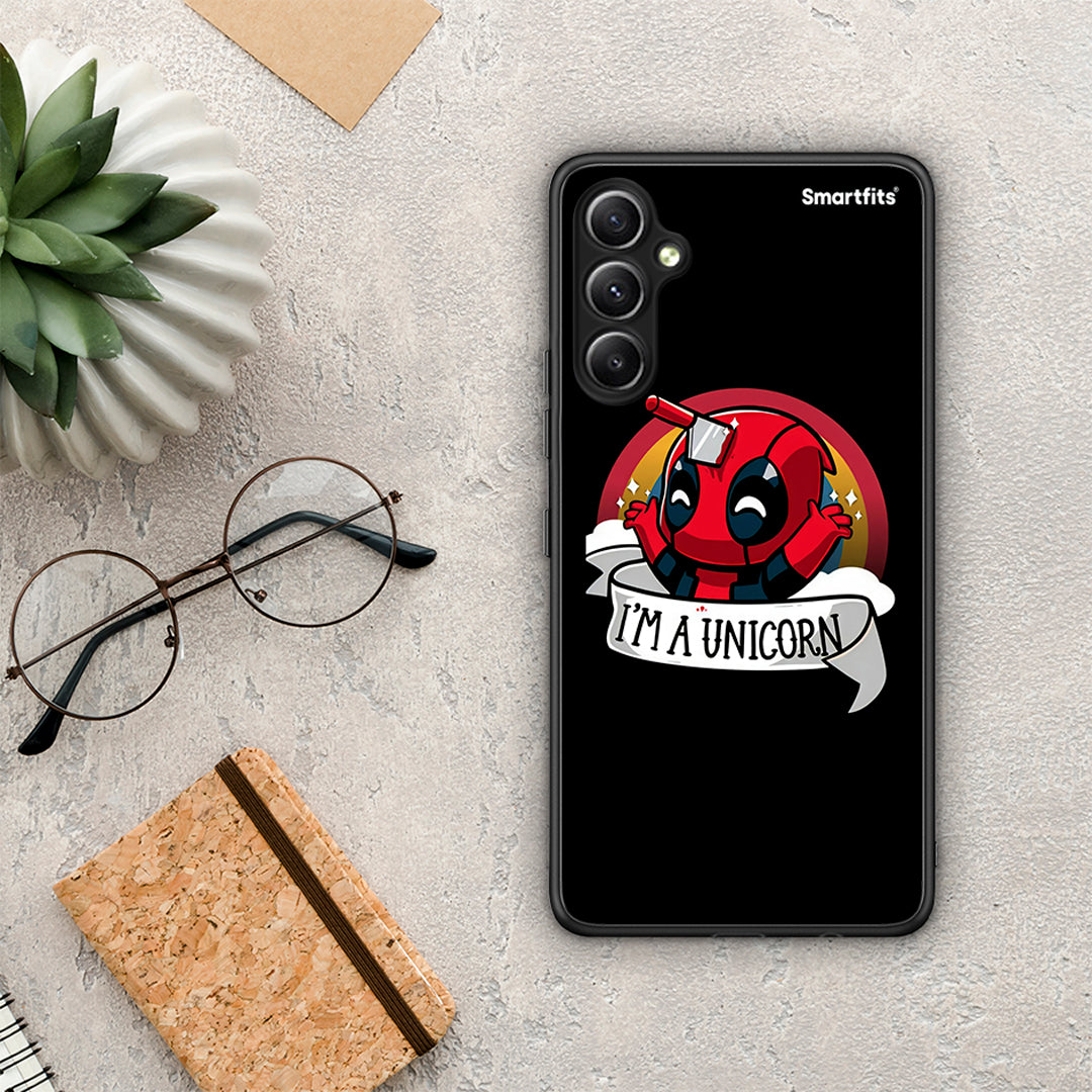 Θήκη Samsung Galaxy A34 Unicorn Deadpool από τη Smartfits με σχέδιο στο πίσω μέρος και μαύρο περίβλημα | Samsung Galaxy A34 Unicorn Deadpool Case with Colorful Back and Black Bezels