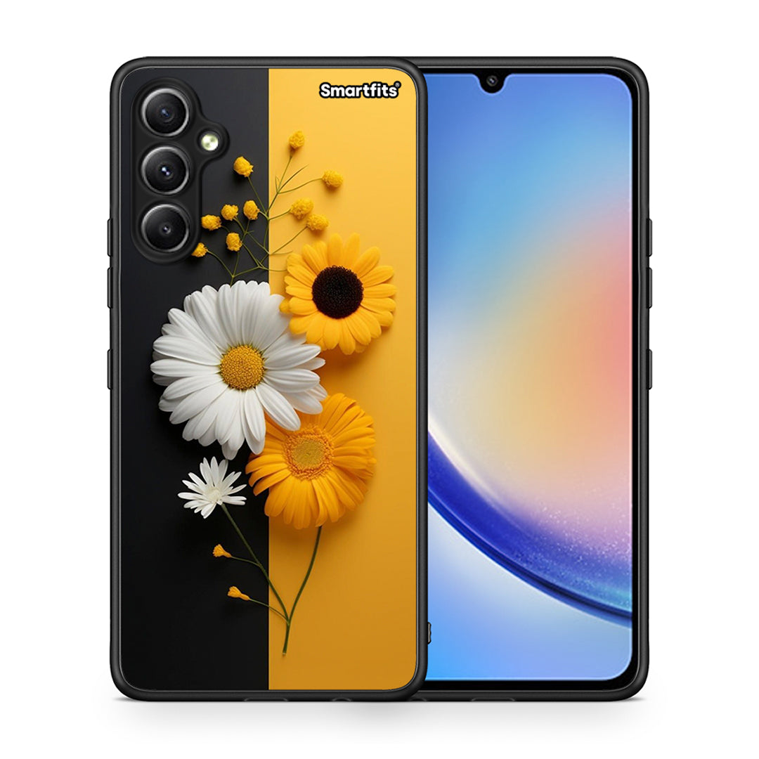 Θήκη Samsung Galaxy A34 Yellow Daisies από τη Smartfits με σχέδιο στο πίσω μέρος και μαύρο περίβλημα | Samsung Galaxy A34 Yellow Daisies Case with Colorful Back and Black Bezels