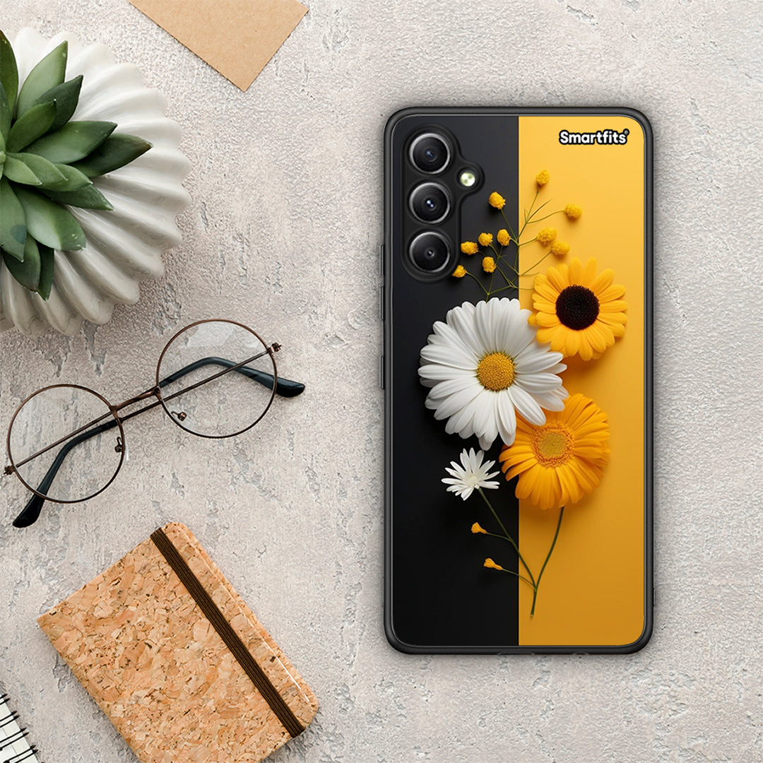 Θήκη Samsung Galaxy A34 Yellow Daisies από τη Smartfits με σχέδιο στο πίσω μέρος και μαύρο περίβλημα | Samsung Galaxy A34 Yellow Daisies Case with Colorful Back and Black Bezels