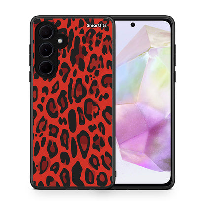 Θήκη Samsung Galaxy A35 Red Leopard Animal από τη Smartfits με σχέδιο στο πίσω μέρος και μαύρο περίβλημα | Samsung Galaxy A35 Red Leopard Animal case with colorful back and black bezels
