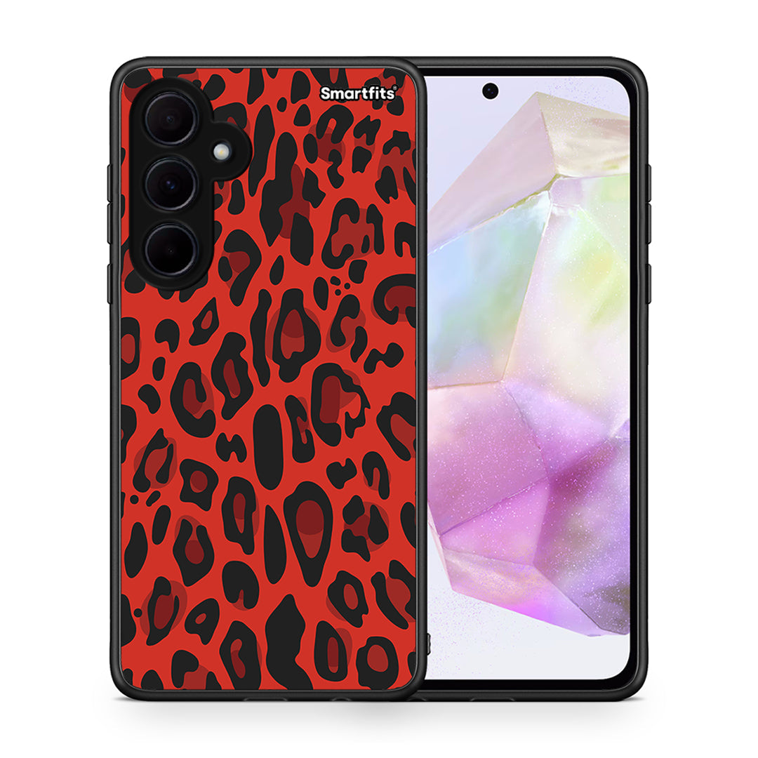 Θήκη Samsung Galaxy A35 Red Leopard Animal από τη Smartfits με σχέδιο στο πίσω μέρος και μαύρο περίβλημα | Samsung Galaxy A35 Red Leopard Animal case with colorful back and black bezels