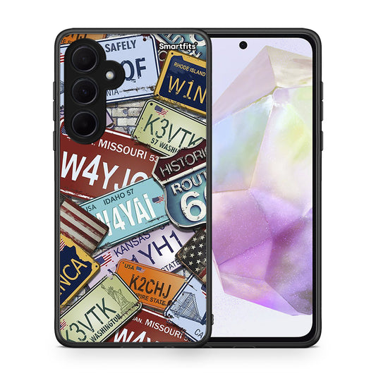 Θήκη Samsung Galaxy A35 Car Plates από τη Smartfits με σχέδιο στο πίσω μέρος και μαύρο περίβλημα | Samsung Galaxy A35 Car Plates case with colorful back and black bezels