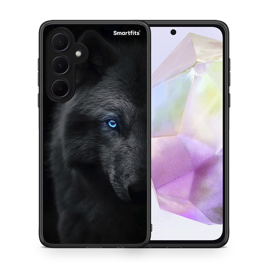 Θήκη Samsung Galaxy A35 Dark Wolf από τη Smartfits με σχέδιο στο πίσω μέρος και μαύρο περίβλημα | Samsung Galaxy A35 Dark Wolf case with colorful back and black bezels