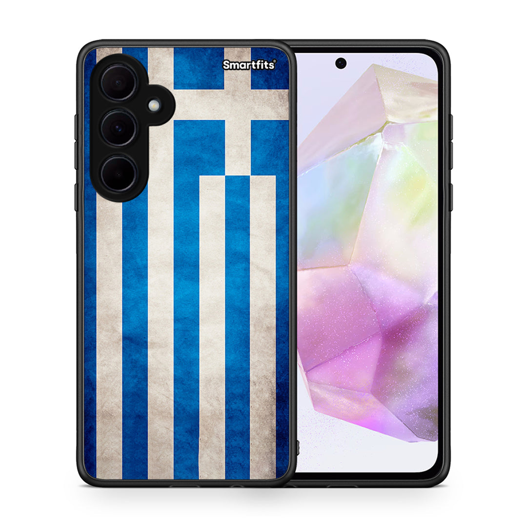 Θήκη Samsung Galaxy A35 Greek Flag από τη Smartfits με σχέδιο στο πίσω μέρος και μαύρο περίβλημα | Samsung Galaxy A35 Greek Flag case with colorful back and black bezels