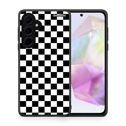 Θήκη Samsung Galaxy A35 Squares Geometric από τη Smartfits με σχέδιο στο πίσω μέρος και μαύρο περίβλημα | Samsung Galaxy A35 Squares Geometric case with colorful back and black bezels