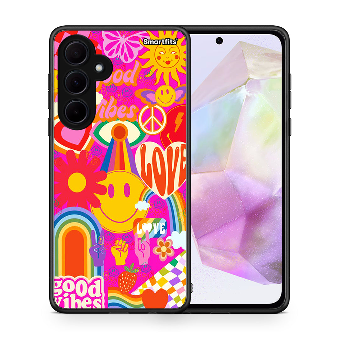 Θήκη Samsung Galaxy A35 Hippie Love από τη Smartfits με σχέδιο στο πίσω μέρος και μαύρο περίβλημα | Samsung Galaxy A35 Hippie Love case with colorful back and black bezels