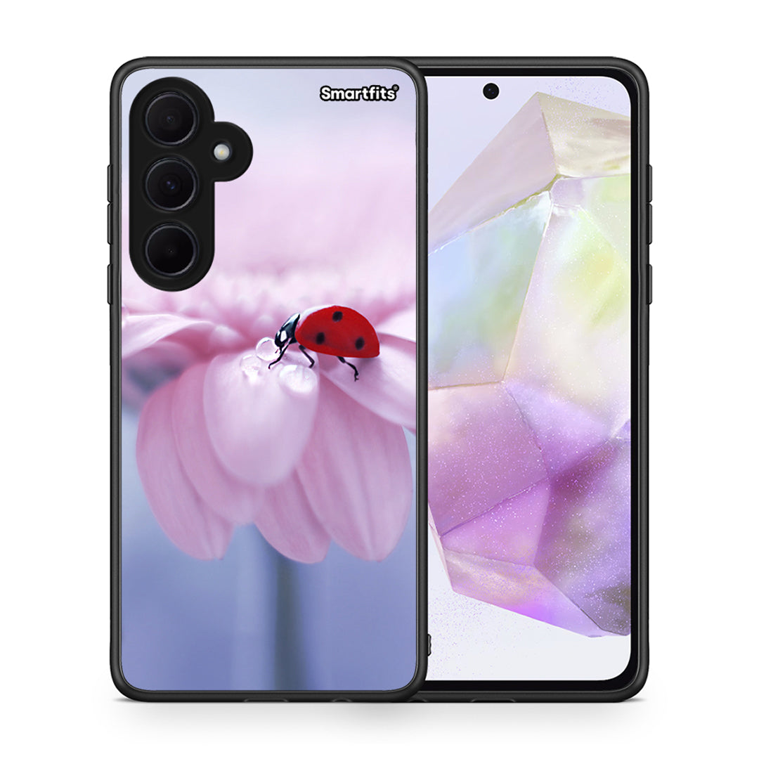 Θήκη Samsung Galaxy A35 Ladybug Flower από τη Smartfits με σχέδιο στο πίσω μέρος και μαύρο περίβλημα | Samsung Galaxy A35 Ladybug Flower case with colorful back and black bezels