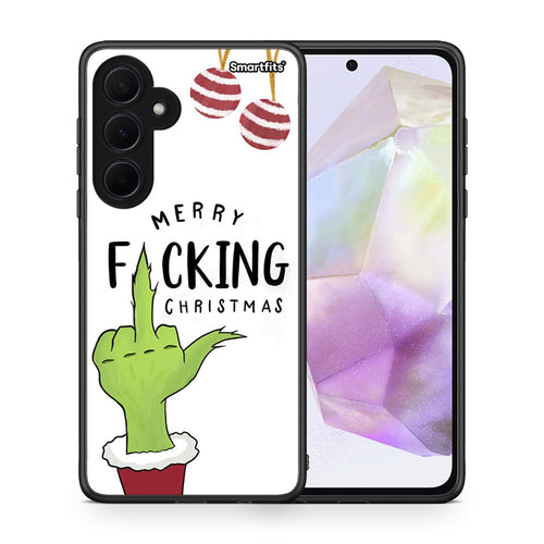 Θήκη Samsung Galaxy A35 Merry F Xmas από τη Smartfits με σχέδιο στο πίσω μέρος και μαύρο περίβλημα | Samsung Galaxy A35 Merry F Xmas case with colorful back and black bezels