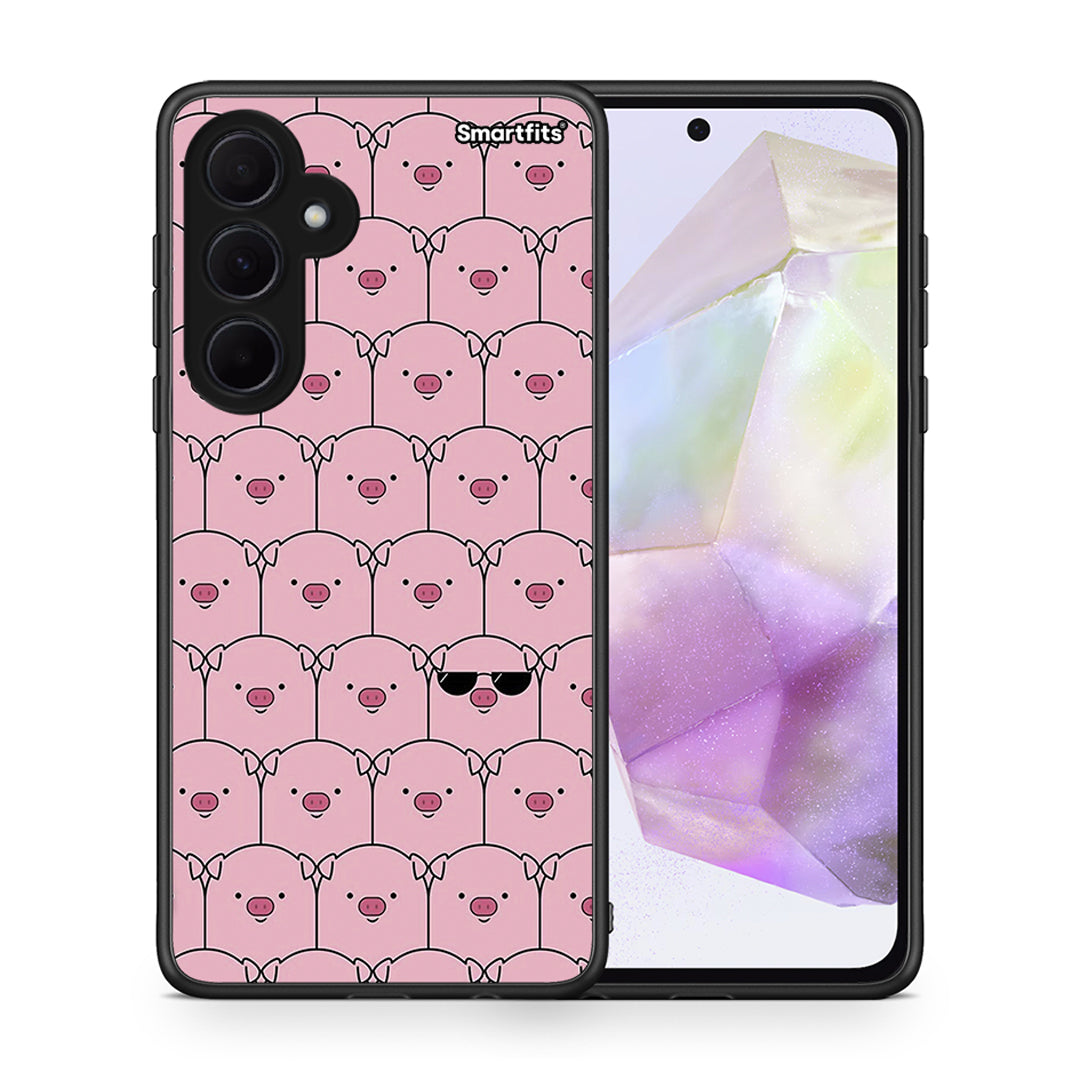 Θήκη Samsung Galaxy A35 Pig Glasses από τη Smartfits με σχέδιο στο πίσω μέρος και μαύρο περίβλημα | Samsung Galaxy A35 Pig Glasses case with colorful back and black bezels