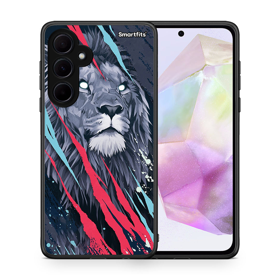 Θήκη Samsung Galaxy A35 Lion Designer PopArt από τη Smartfits με σχέδιο στο πίσω μέρος και μαύρο περίβλημα | Samsung Galaxy A35 Lion Designer PopArt case with colorful back and black bezels