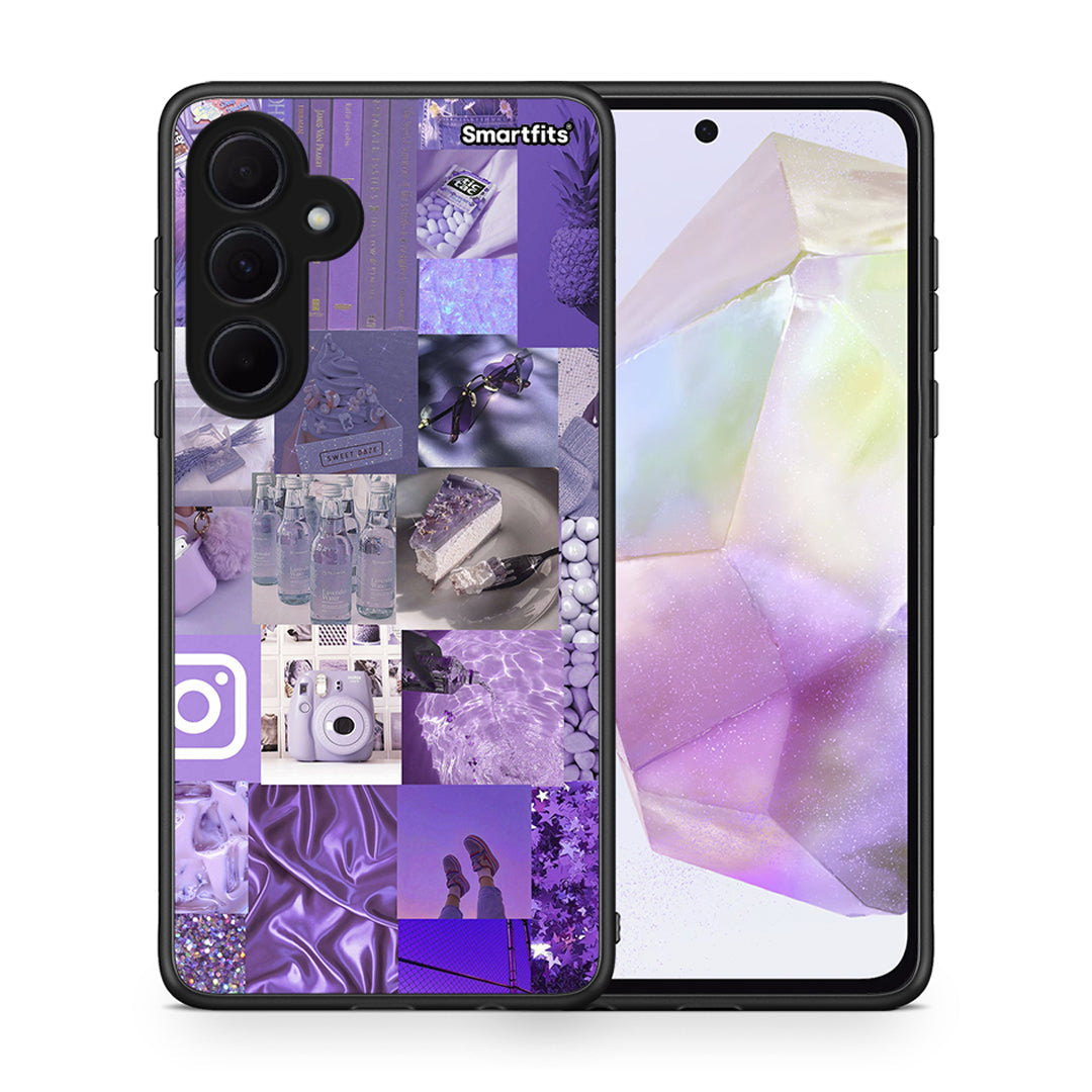 Θήκη Samsung Galaxy A35 Purple Aesthetic Collage από τη Smartfits με σχέδιο στο πίσω μέρος και μαύρο περίβλημα | Samsung Galaxy A35 Purple Aesthetic Collage case with colorful back and black bezels