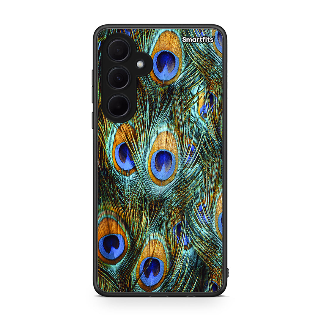 Samsung Galaxy A35 Real Peacock Feathers θήκη από τη Smartfits με σχέδιο στο πίσω μέρος και μαύρο περίβλημα | Smartphone case with colorful back and black bezels by Smartfits