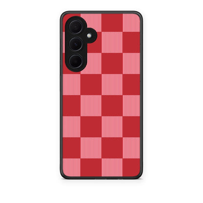 Θήκη Samsung Galaxy A35 Red and Pink Striped Checks από τη Smartfits με σχέδιο στο πίσω μέρος και μαύρο περίβλημα | Samsung Galaxy A35 Red and Pink Striped Checks case with colorful back and black bezels
