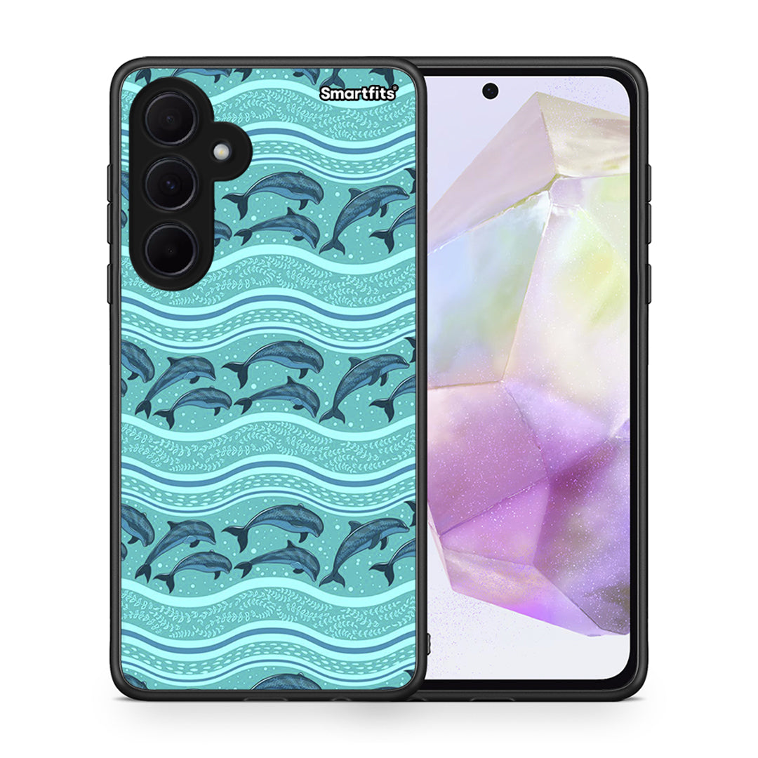 Θήκη Samsung Galaxy A35 Swimming Dolphins από τη Smartfits με σχέδιο στο πίσω μέρος και μαύρο περίβλημα | Samsung Galaxy A35 Swimming Dolphins case with colorful back and black bezels