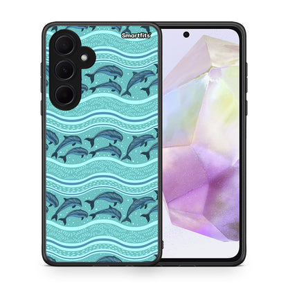 Θήκη Samsung Galaxy A35 Swimming Dolphins από τη Smartfits με σχέδιο στο πίσω μέρος και μαύρο περίβλημα | Samsung Galaxy A35 Swimming Dolphins case with colorful back and black bezels