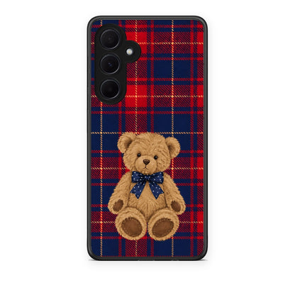 Θήκη Samsung Galaxy A35 Teddy Bear on Red and Navy Tartan από τη Smartfits με σχέδιο στο πίσω μέρος και μαύρο περίβλημα | Samsung Galaxy A35 Teddy Bear on Red and Navy Tartan case with colorful back and black bezels