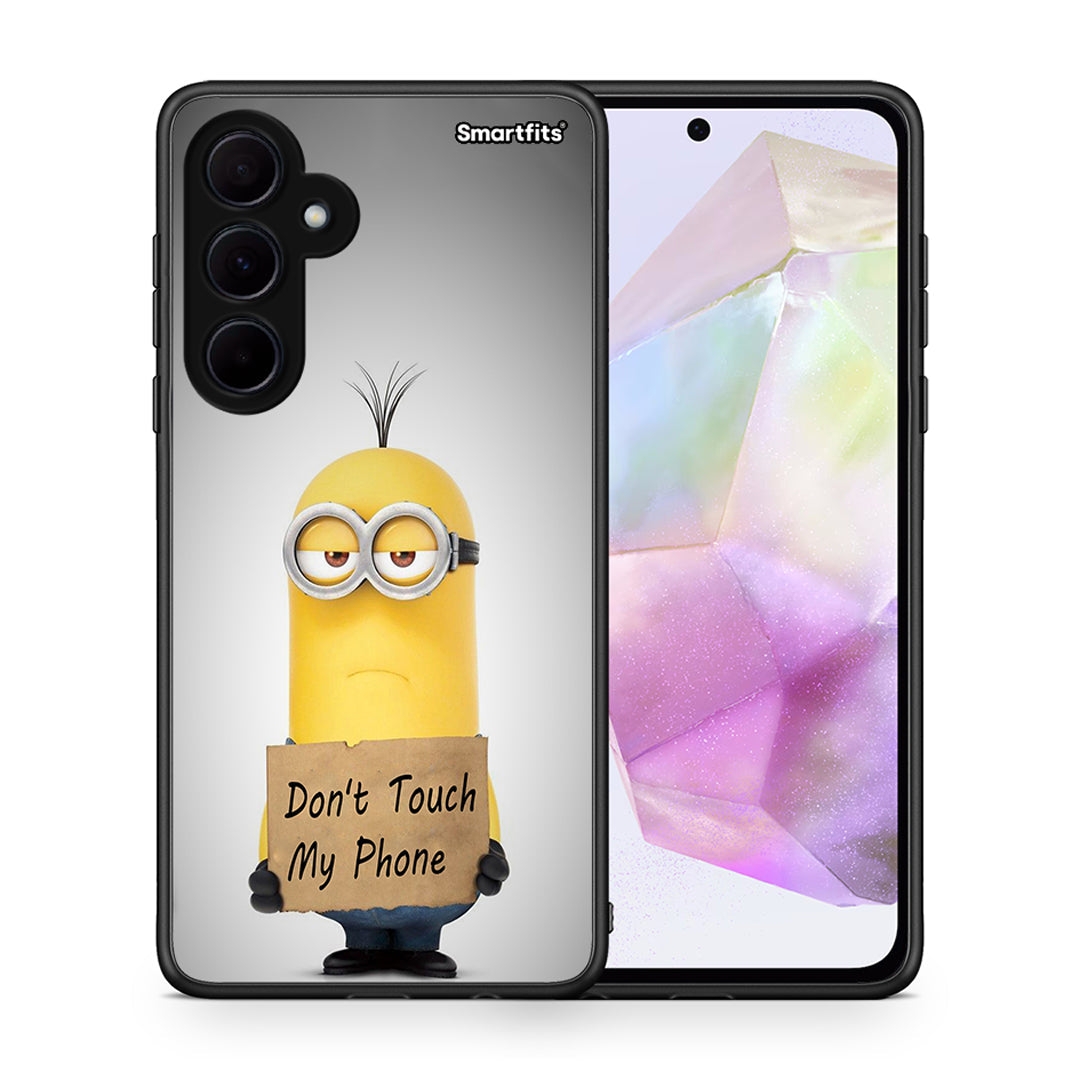 Θήκη Samsung Galaxy A35 Minion Text από τη Smartfits με σχέδιο στο πίσω μέρος και μαύρο περίβλημα | Samsung Galaxy A35 Minion Text case with colorful back and black bezels