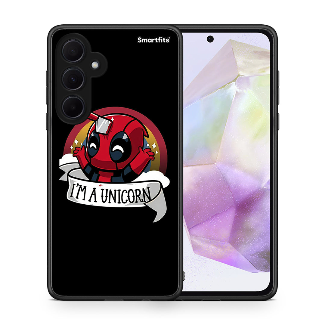 Θήκη Samsung Galaxy A35 Unicorn Deadpool από τη Smartfits με σχέδιο στο πίσω μέρος και μαύρο περίβλημα | Samsung Galaxy A35 Unicorn Deadpool case with colorful back and black bezels