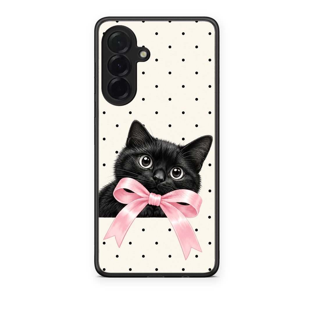 Θήκη Samsung Galaxy A36 Black Kitten Pink Bow and Polka Dots από τη Smartfits με σχέδιο στο πίσω μέρος και μαύρο περίβλημα | Samsung Galaxy A36 Black Kitten Pink Bow and Polka Dots case with colorful back and black bezels