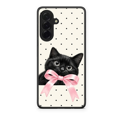 Θήκη Samsung Galaxy A36 Black Kitten Pink Bow and Polka Dots από τη Smartfits με σχέδιο στο πίσω μέρος και μαύρο περίβλημα | Samsung Galaxy A36 Black Kitten Pink Bow and Polka Dots case with colorful back and black bezels