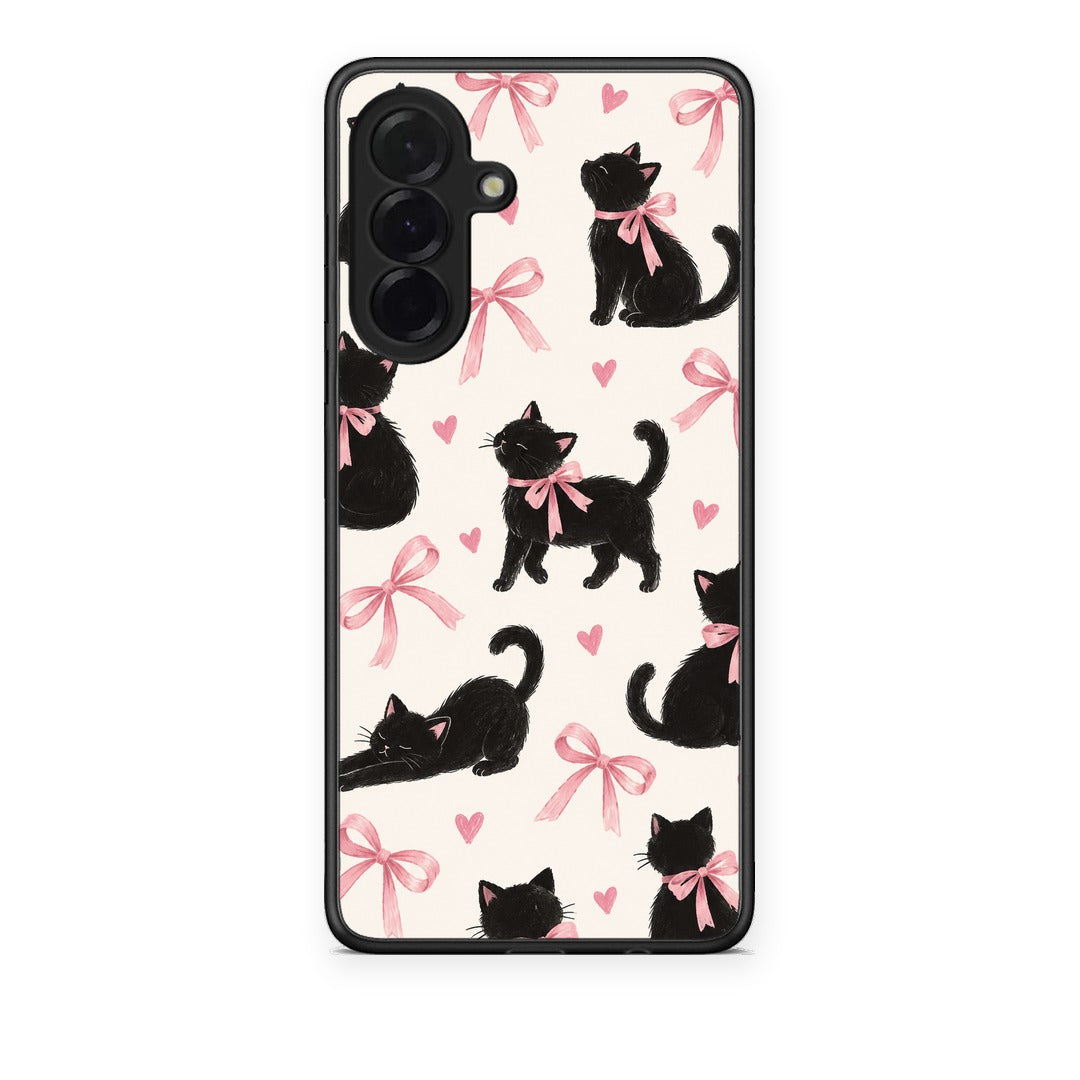 Θήκη Samsung Galaxy A36 Black Kittens and Pink Bows on Cream Large από τη Smartfits με σχέδιο στο πίσω μέρος και μαύρο περίβλημα | Samsung Galaxy A36 Black Kittens and Pink Bows on Cream Large case with colorful back and black bezels