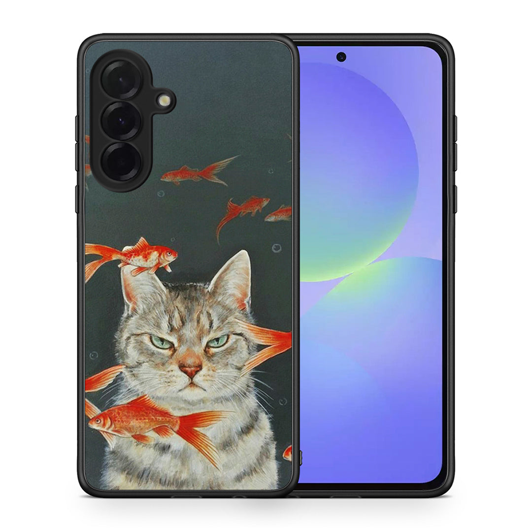 Θήκη Samsung Galaxy A36 Cat Goldfish από τη Smartfits με σχέδιο στο πίσω μέρος και μαύρο περίβλημα | Samsung Galaxy A36 Cat Goldfish case with colorful back and black bezels