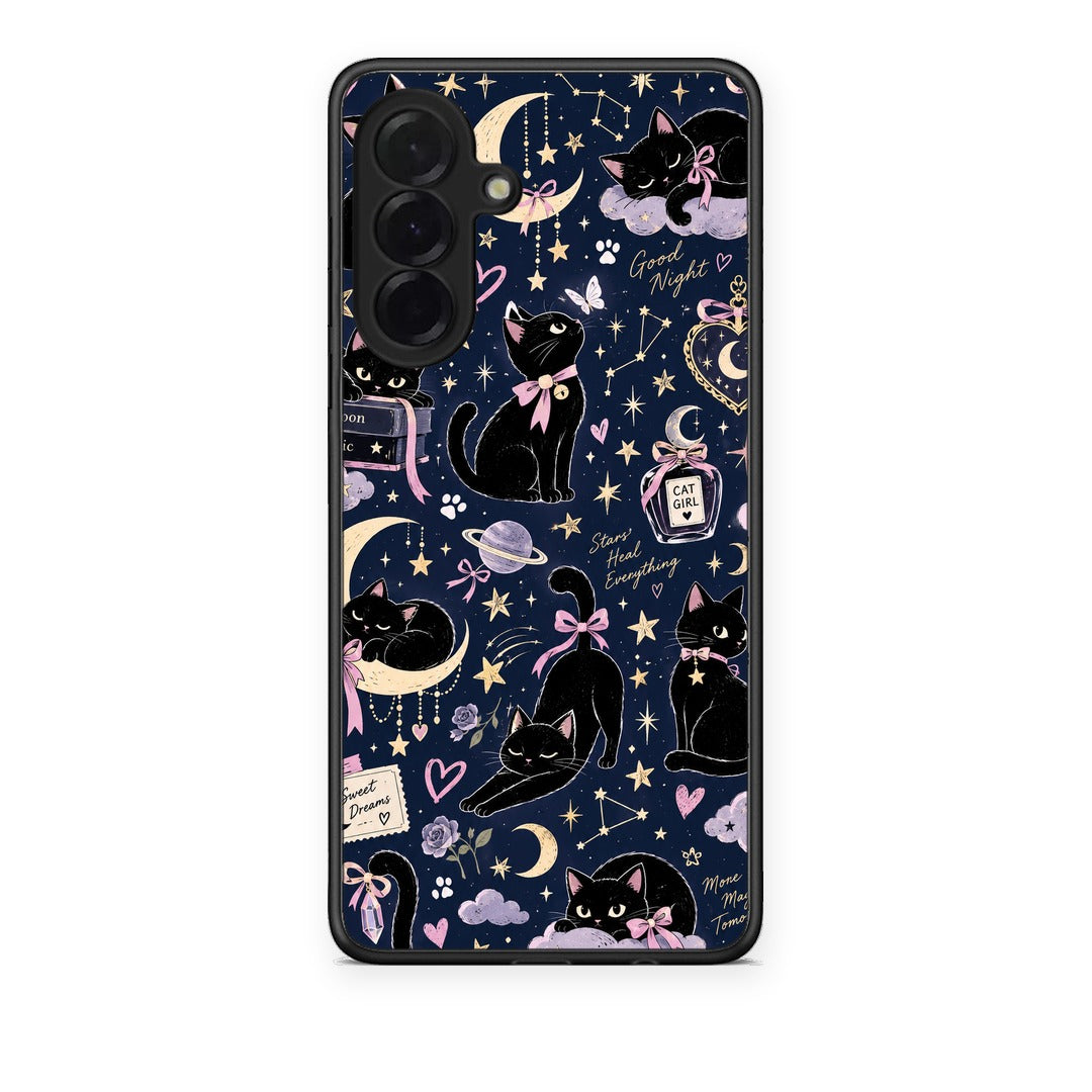 Θήκη Samsung Galaxy A36 Celestial Black Cats on Navy από τη Smartfits με σχέδιο στο πίσω μέρος και μαύρο περίβλημα | Samsung Galaxy A36 Celestial Black Cats on Navy case with colorful back and black bezels