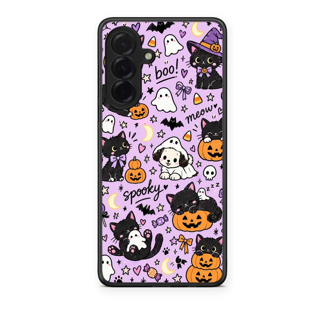 Θήκη Samsung Galaxy A36 Halloween Black Cats on Lilac από τη Smartfits με σχέδιο στο πίσω μέρος και μαύρο περίβλημα | Samsung Galaxy A36 Halloween Black Cats on Lilac case with colorful back and black bezels