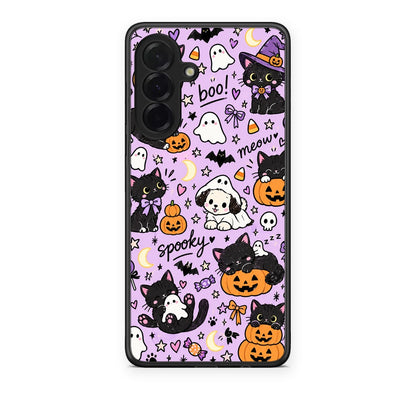Θήκη Samsung Galaxy A36 Halloween Black Cats on Lilac από τη Smartfits με σχέδιο στο πίσω μέρος και μαύρο περίβλημα | Samsung Galaxy A36 Halloween Black Cats on Lilac case with colorful back and black bezels