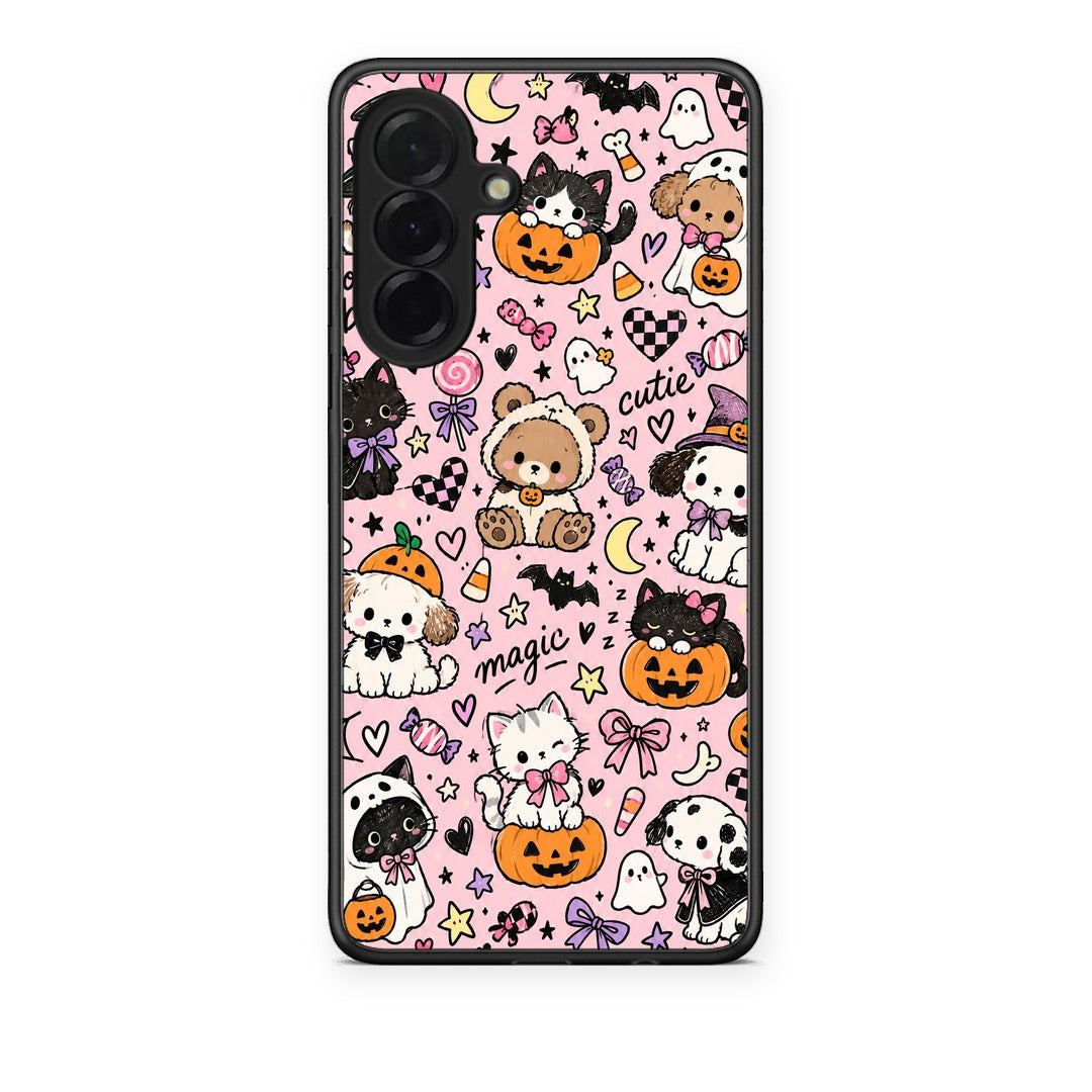 Θήκη Samsung Galaxy A36 Halloween Cute Animals on Pink από τη Smartfits με σχέδιο στο πίσω μέρος και μαύρο περίβλημα | Samsung Galaxy A36 Halloween Cute Animals on Pink case with colorful back and black bezels
