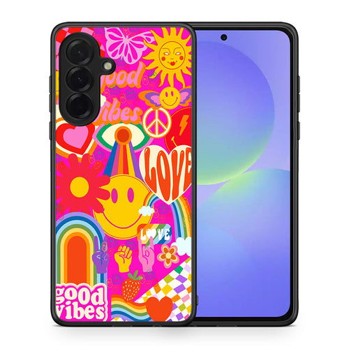 Θήκη Samsung Galaxy A36 Hippie Love από τη Smartfits με σχέδιο στο πίσω μέρος και μαύρο περίβλημα | Samsung Galaxy A36 Hippie Love case with colorful back and black bezels