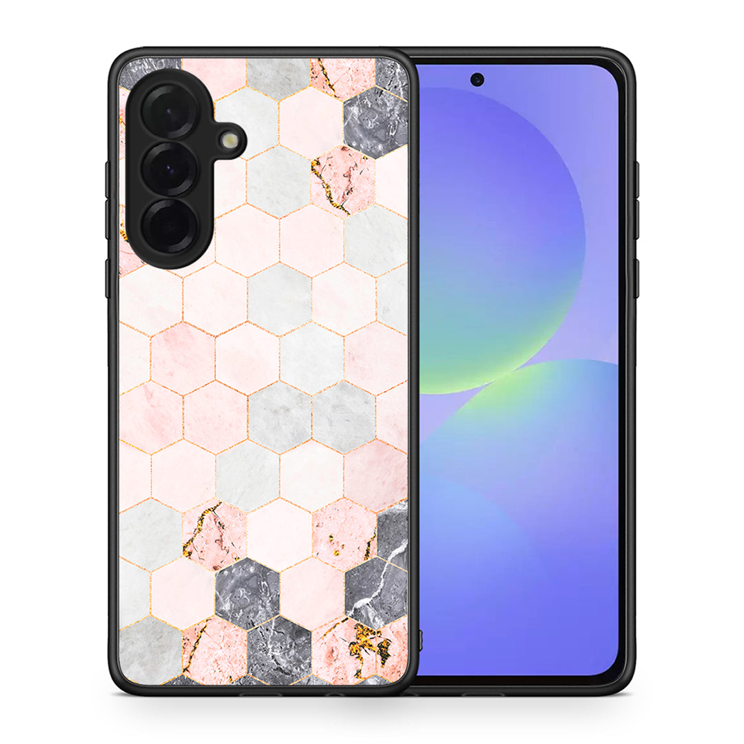 Θήκη Samsung Galaxy A36 Hexagon Pink Marble από τη Smartfits με σχέδιο στο πίσω μέρος και μαύρο περίβλημα | Samsung Galaxy A36 Hexagon Pink Marble case with colorful back and black bezels