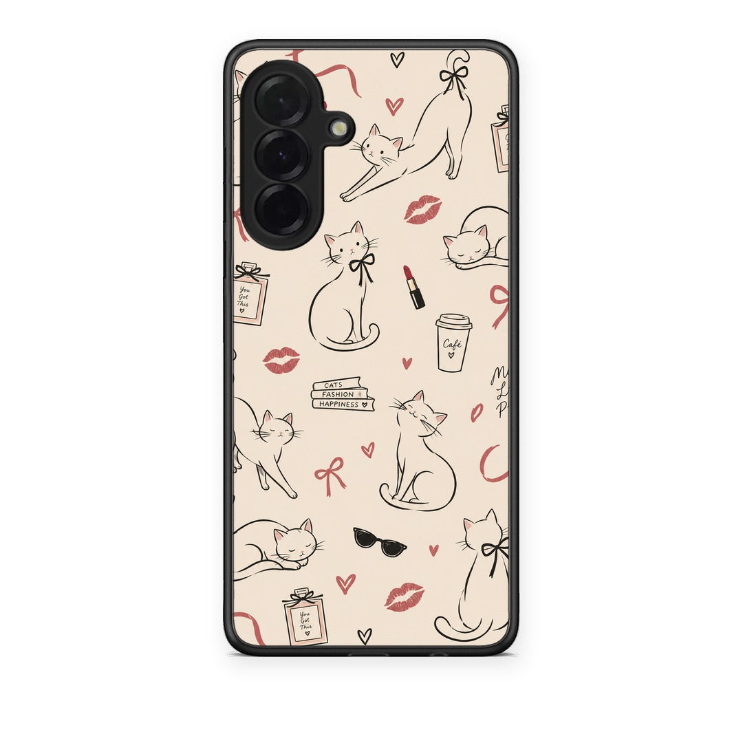 Θήκη Samsung Galaxy A36 Minimal Cat and Fashion Doodles on Cream από τη Smartfits με σχέδιο στο πίσω μέρος και μαύρο περίβλημα | Samsung Galaxy A36 Minimal Cat and Fashion Doodles on Cream case with colorful back and black bezels